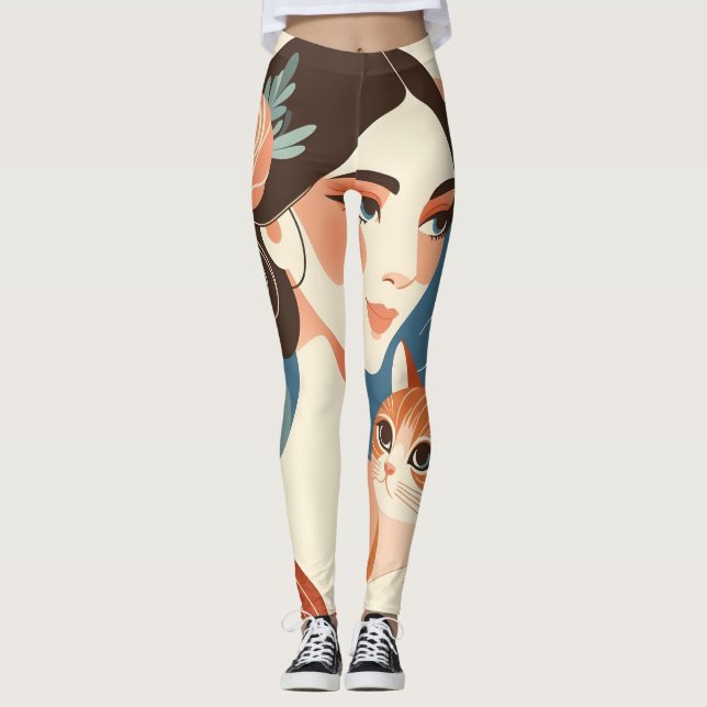 Cat Lady Graphic Illustration Leggings (Front)