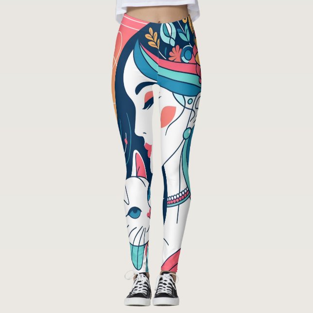 Cat Lady Graphic Illustration Leggings (Front)