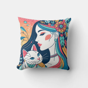 Cat Lady Graphic Illustration Throw Pillow