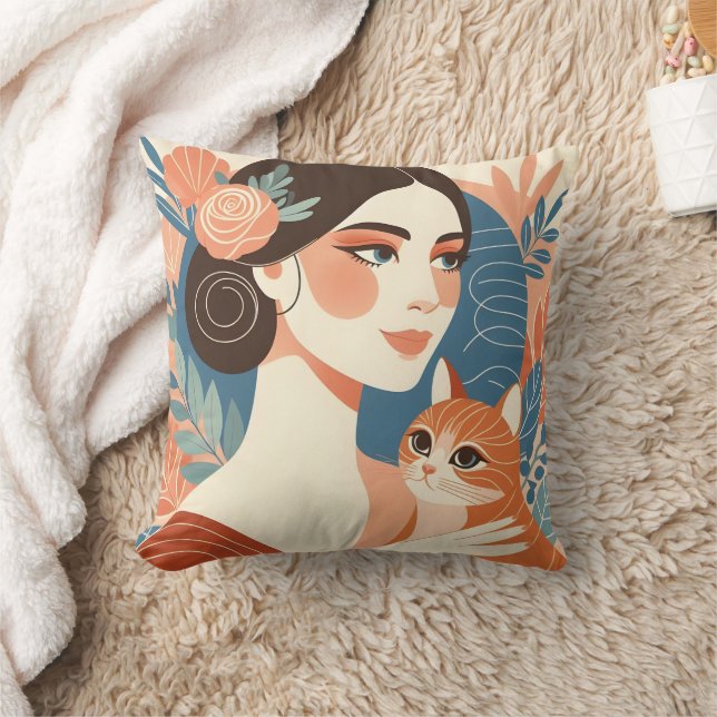 Cat Lady Graphic Illustration Throw Pillow (Blanket)