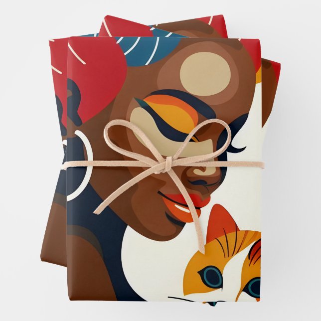 Cat Lady Graphic Illustration Wrapping Paper Sheet (In situ)