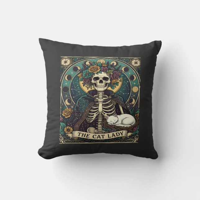 Cat Lady Haloween Skeleton Floral Moon Compass Throw Pillow (Front)