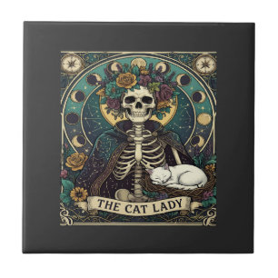 Cat Lady Haloween Skeleton Floral Moon Compass Tile