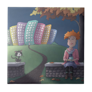 Cat Lady in the park Ceramic Tile