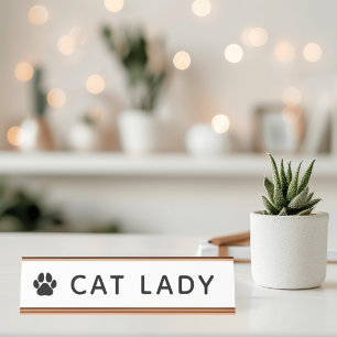 Cat Lady Paw Print Modern White Desk Name Plate