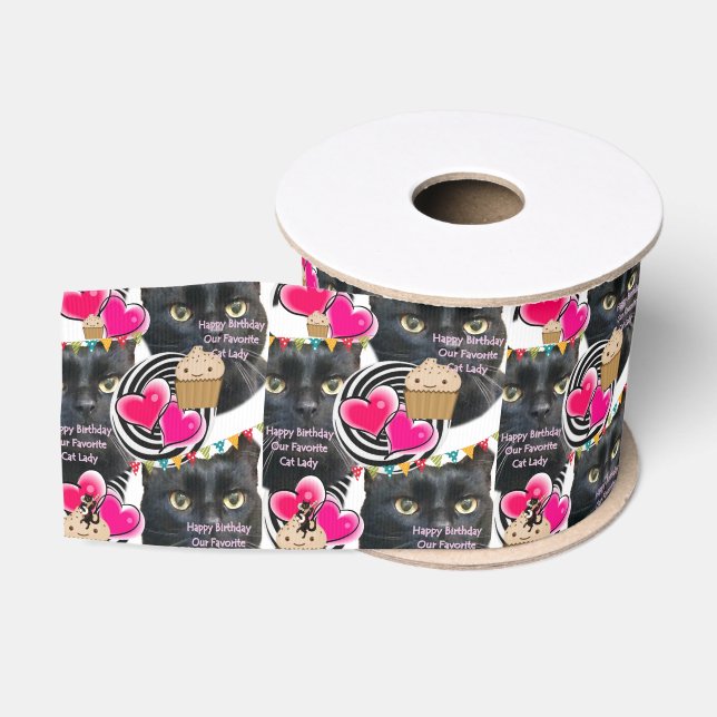Cat Lady Ribbon, Happy Birthday Cat Lady Ribbon Grosgrain Ribbon (Spool)