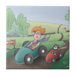 Cat Lady Road Rally Ceramic Tile