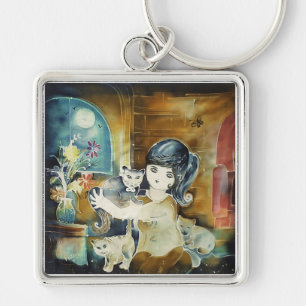 Cat Lady Silk Art Painting Keychain
