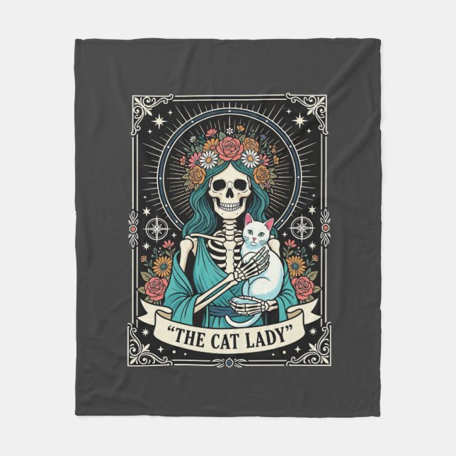 Cat Lady Skeleton Tarot Floral Gothic Fleece Blanket (Front)