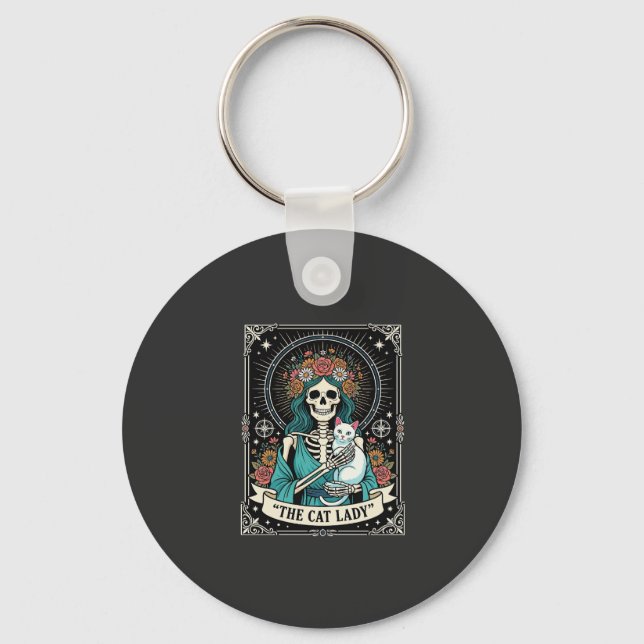 Cat Lady Skeleton Tarot Floral Gothic Keychain (Front)
