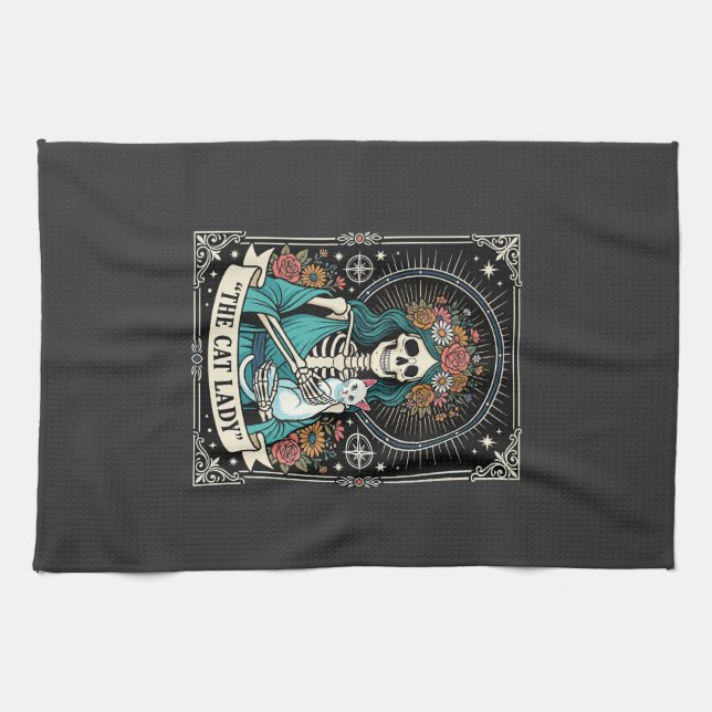 Cat Lady Skeleton Tarot Floral Gothic Kitchen Towel (Horizontal)