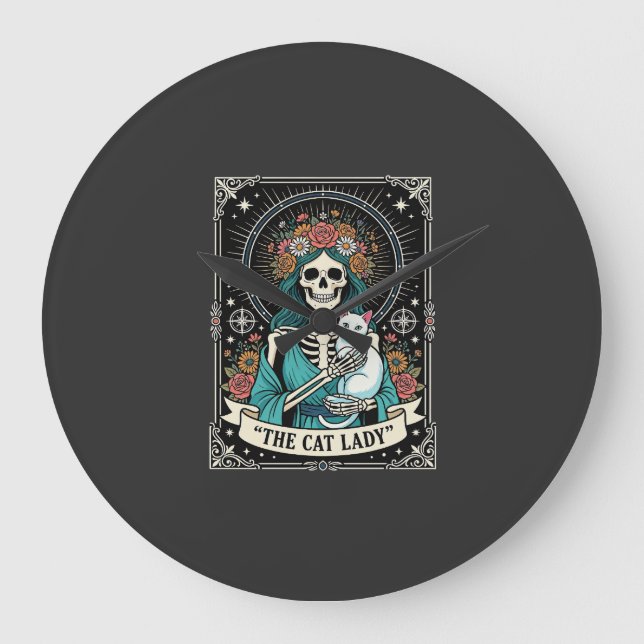 Cat Lady Skeleton Tarot Floral Gothic Large Clock (Front)