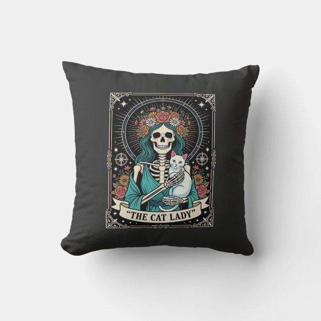 Cat Lady Skeleton Tarot Floral Gothic Throw Pillow (Front)