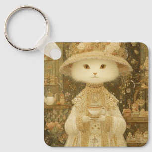 Cat Lady Snow – Victorian Cat with Teacup Keychain