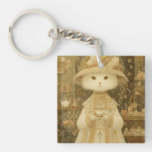Cat Lady Snow – Victorian Cat with Teacup Keychain