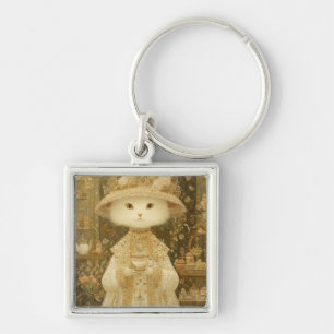 Cat Lady Snow – Victorian Cat with Teacup Keychain