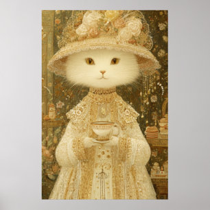 Cat Lady Snow – Victorian Cat with Teacup Poster