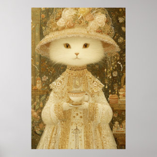 Cat Lady Snow – Victorian Cat with Teacup Poster