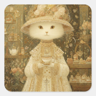 Cat Lady Snow – Victorian Cat with Teacup Square Sticker