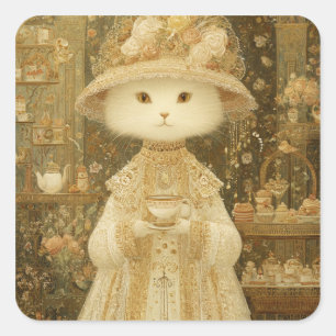 Cat Lady Snow – Victorian Cat with Teacup Square Sticker