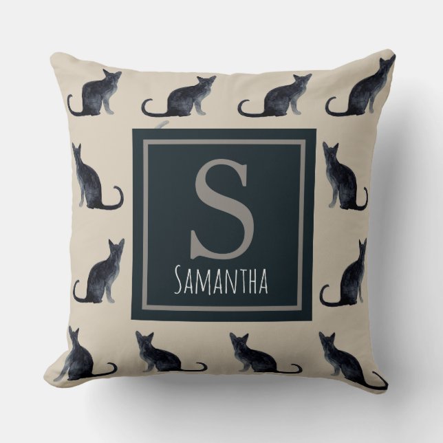 Cat Lady Taupe Watercolor Black Kitty Pattern Throw Pillow (Front)