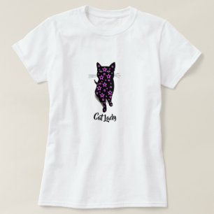 Cat Lady Typography with Pink Stars and Black Cat T-Shirt