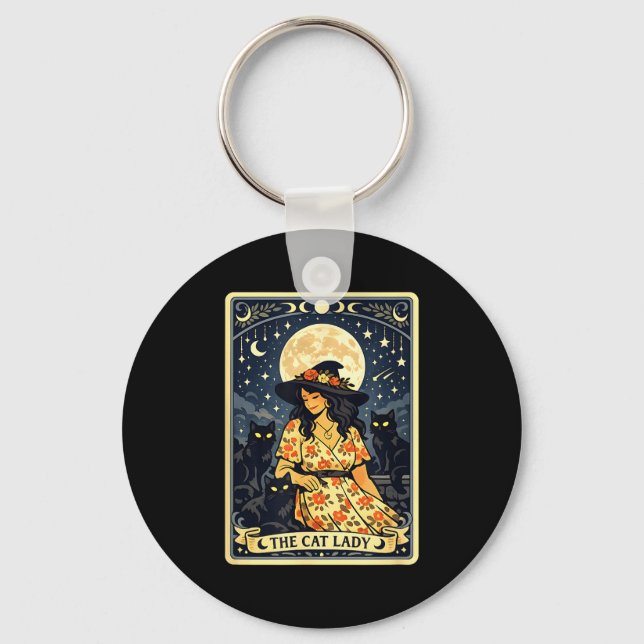 Cat lady witch moon black cats halloween magic keychain (Front)