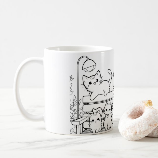 Cat lady with her cats on a bench coffee mug (With Donut)