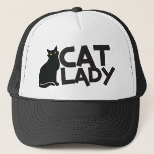cat lady with slinky black cat yellow eyes trucker hat