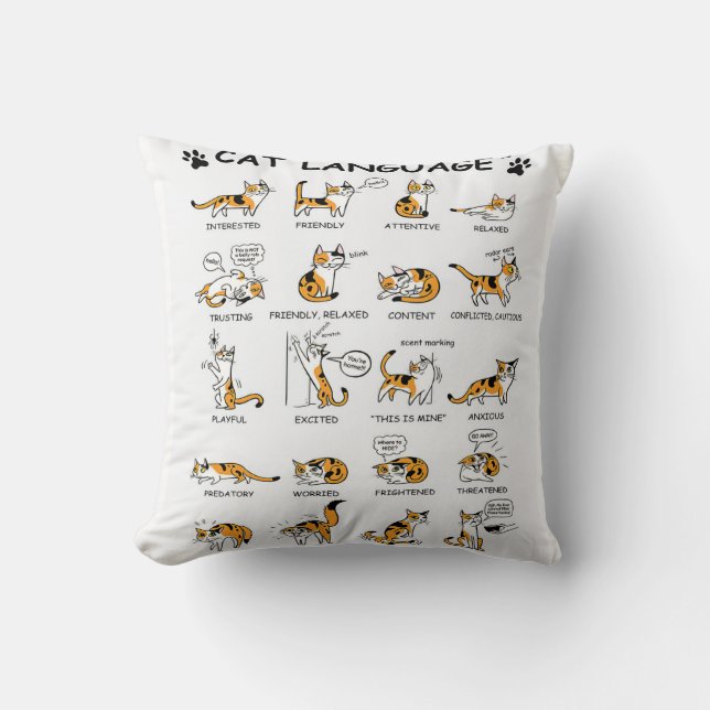 Cat Language, Funny Cat Kitten, Love Cat Gift Idea Throw Pillow (Front)