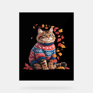 Cat Leaf Fall Hello Autumn Funny Cat Kitten Lover Acrylic Sign