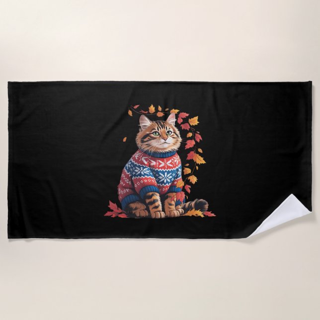 Cat Leaf Fall Hello Autumn Funny Cat Kitten Lover  Beach Towel (Front)