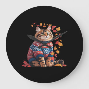Cat Leaf Fall Hello Autumn Funny Cat Kitten Lover Large Clock