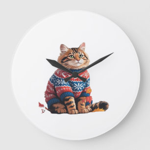 Cat Leaf Fall Hello Autumn Funny Cat Kitten Lover Large Clock
