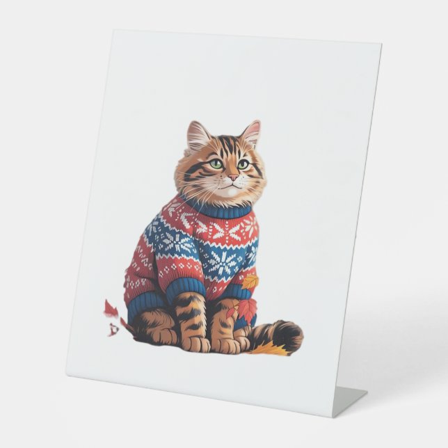 Cat Leaf Fall Hello Autumn Funny Cat Kitten Lover  Pedestal Sign (Front)