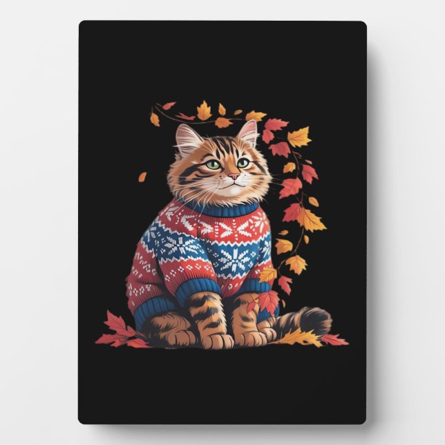 Cat Leaf Fall Hello Autumn Funny Cat Kitten Lover  Plaque (Front)