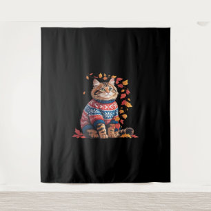 Cat Leaf Fall Hello Autumn Funny Cat Kitten Lover Tapestry