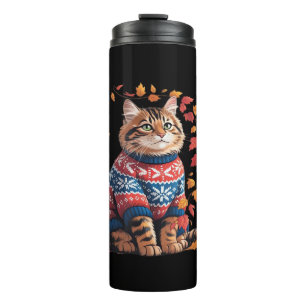 Cat Leaf Fall Hello Autumn Funny Cat Kitten Lover  Thermal Tumbler