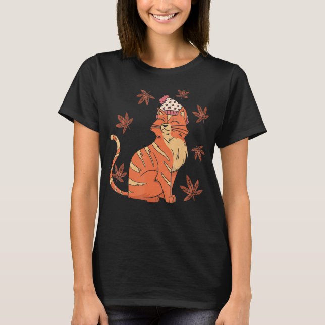 Cat Leaf Fall Hello Autumn T-Shirt (Front)
