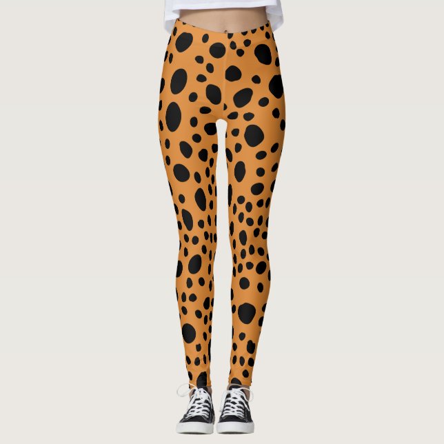 Cat Leopard Skin Pattern Orange Dark Dots Animal Leggings (Front)
