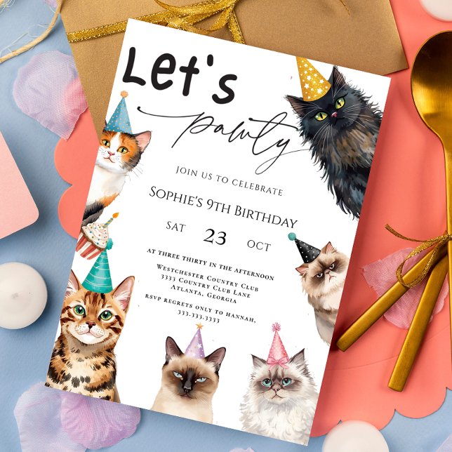 Cat Let's Pawty Kitten Cute kitty 9th Birthday Invitation (Creator Uploaded)