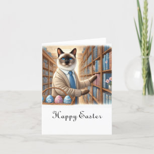 Cat Librarian with easter eggs basket in Library  Holiday Card