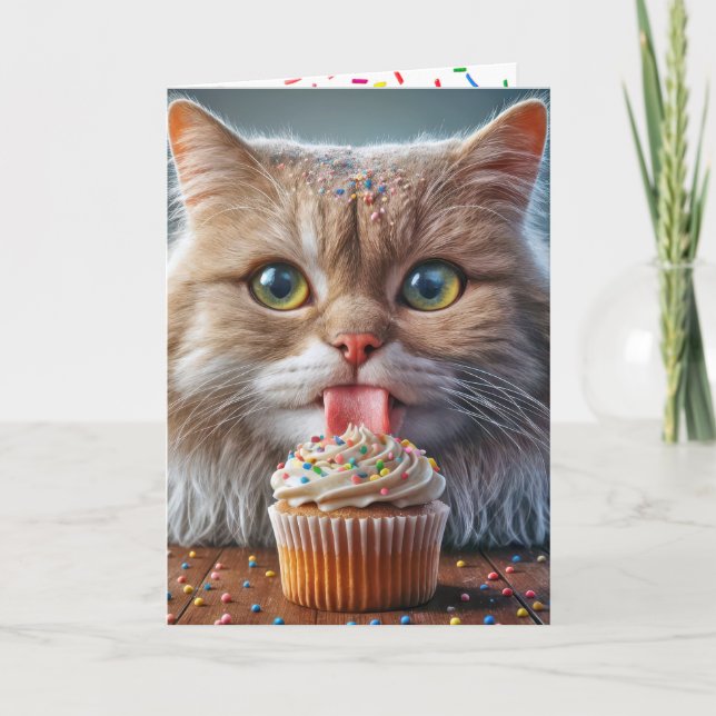 Cat Licking a Birthday Cupcake Card (Front)