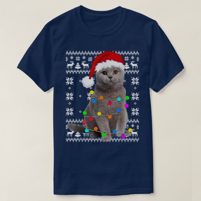 Cat Lights Ugly Kitten Santa Hat Christmas Pajama  T-Shirt (Design Front)