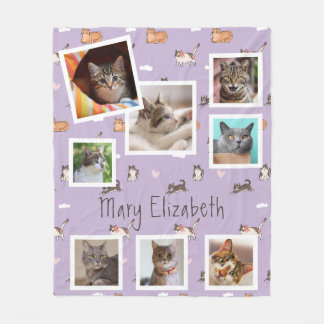Cat Lilac Photo Collage Modern Purple Fleece Blanket