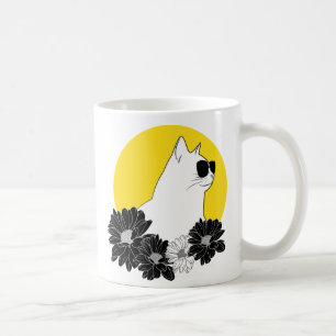 Cat line drawing with sunglass, sun and flowers coffee mug