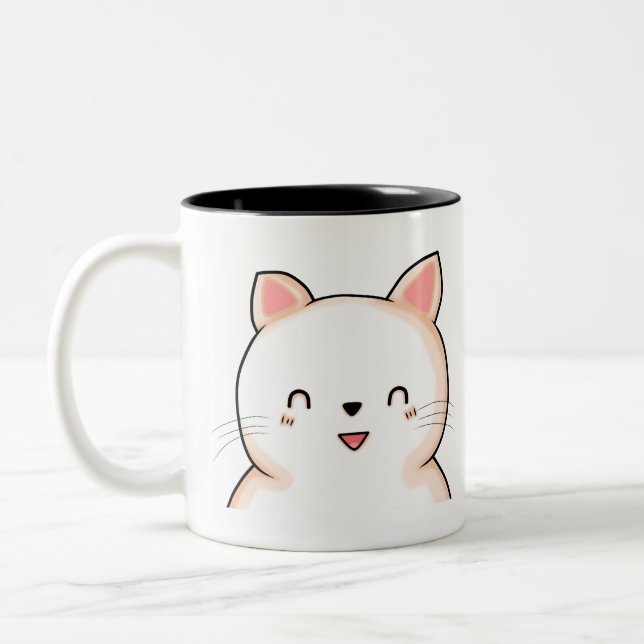 Cat Little Cat Kawaii Closed Eyes Animal Drawing. Two-Tone Coffee Mug (Left)