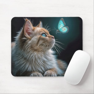 Cat Looking at a Neon Butterfly Mouse Pad
