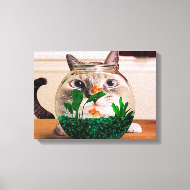 Cat looking at fish in aquarium canvas print (Front)