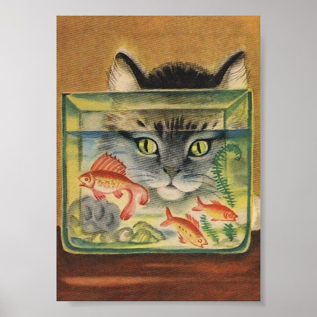 Cat Looking at Fish Vintage Animal Poster (Front)